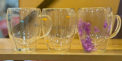 Dry Flowers Double Wall Glass Cup, Transparent Espresso Glass Cup, Double Wall Glass Cup With Handle