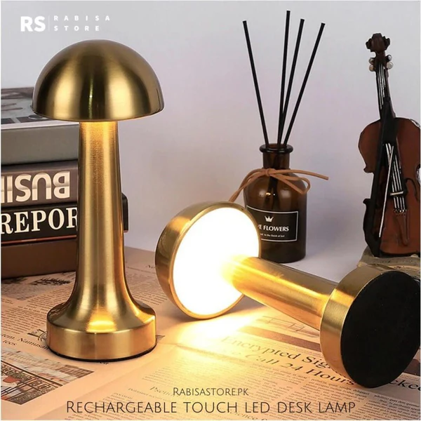 Golden Mushroom LED Desk Lamp - 3 Light Modes, Dimmable, USB Type-C & Touch Sensor