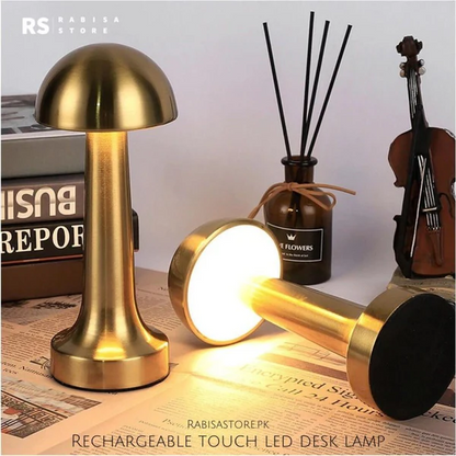 Golden Mushroom LED Desk Lamp - 3 Light Modes, Dimmable, USB Type-C & Touch Sensor